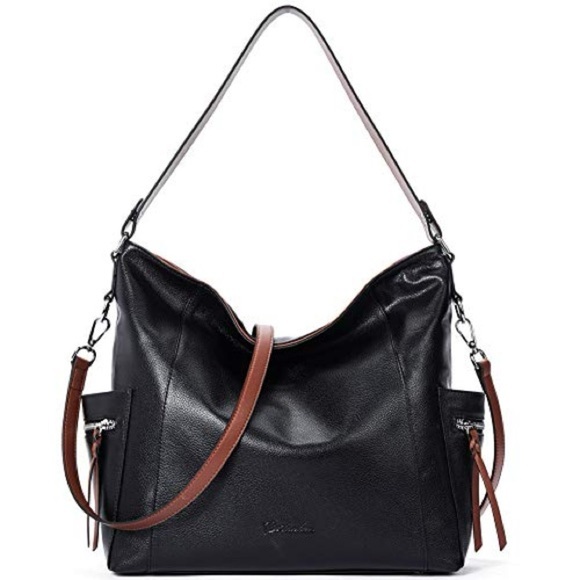 Bostanten LG Black Leather Shoulder Tote Bag Purse Zip Pockets Adjustable Strap - Picture 1 of 13